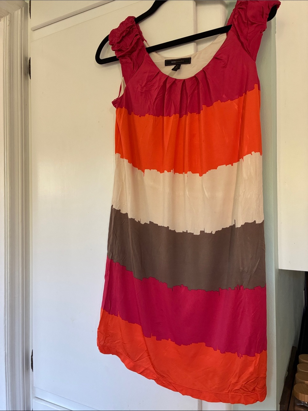 BCBGMaxAzria Sleeveless Colorblock Midi Dress in Fuchsia, Orange, Cream, Brown